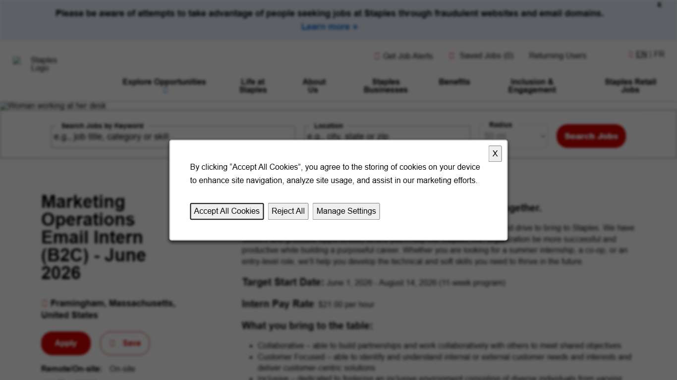 Marketing Operations Email Intern (B2C) - June 2026 at Staples, Inc.