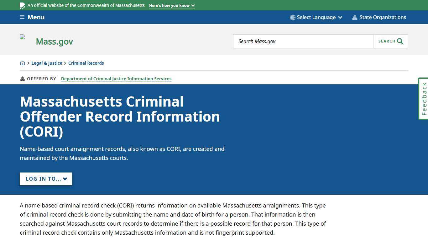 Massachusetts Criminal Offender Record Information (CORI) Mass.gov