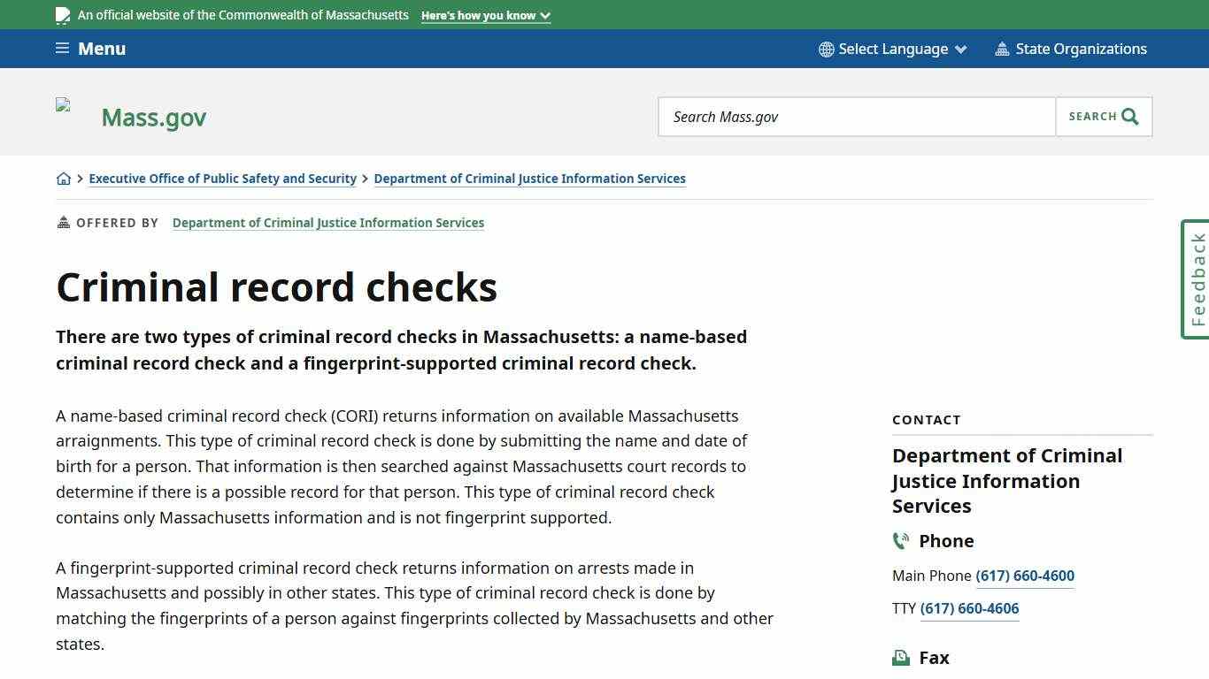 Criminal record checks Mass.gov